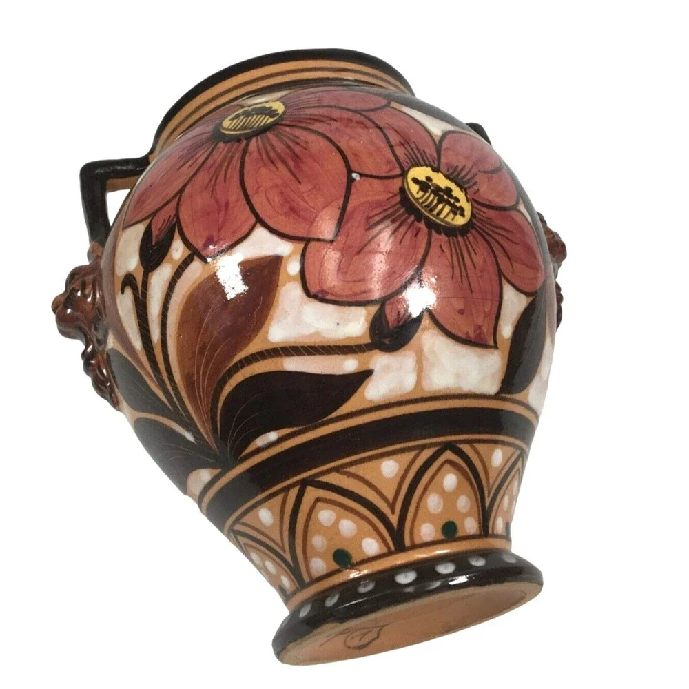 Lion Head Italian Vase Ceramic Glazed Double Handle Floral 7.5” Italy Signed